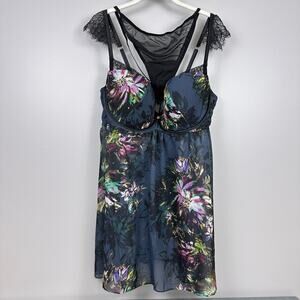 Cacique Size 44DD Babydoll Lingerie Dark Floral Matching Thong Panty Molded Cup